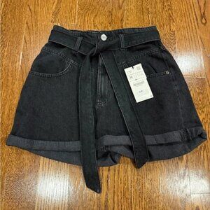 NWT Zara Black Denim Paper Bag High Waisted Women's Shorts with Belt
